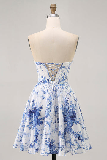 White Blue Flower A Line Strapless Corset Homecoming Dress